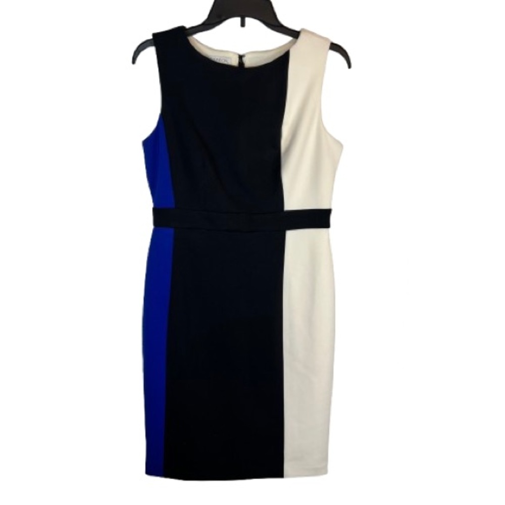 Maggy London Petites Colorblock Sheath Dress 10P Black Ivory Blue Sleeveless Wor - Picture 1 of 6